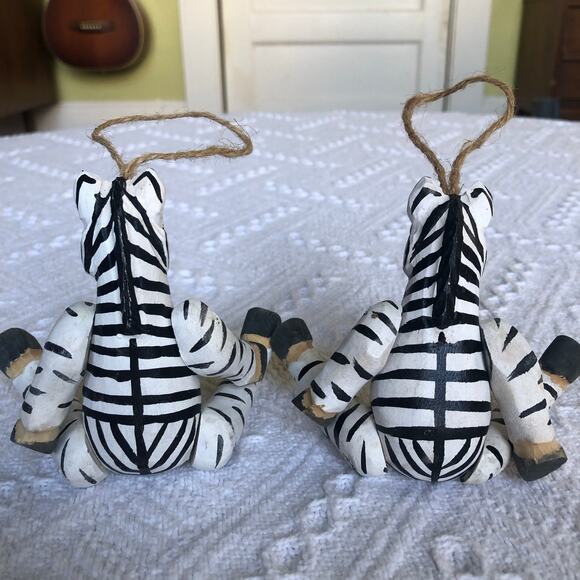 Vintage Wooden Zebra Ornaments Set Of 2 Jointed Hand-Painted 5.75" Folk Art 90s - Picture 3 of 11